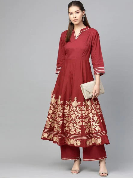 Women'S Maroon & Golden Printed Anarkali Kurta With Palazzos | Ethniqndia - Made In INDIA.