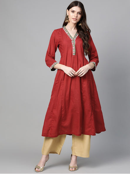 Women'S Maroon & Beige Solid Anarkali Kurta With Palazzos | Ethniqndia - Made In INDIA.