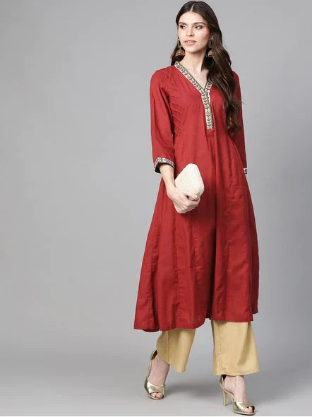 Women'S Maroon & Beige Solid Anarkali Kurta With Palazzos | Ethniqndia - Made In INDIA.