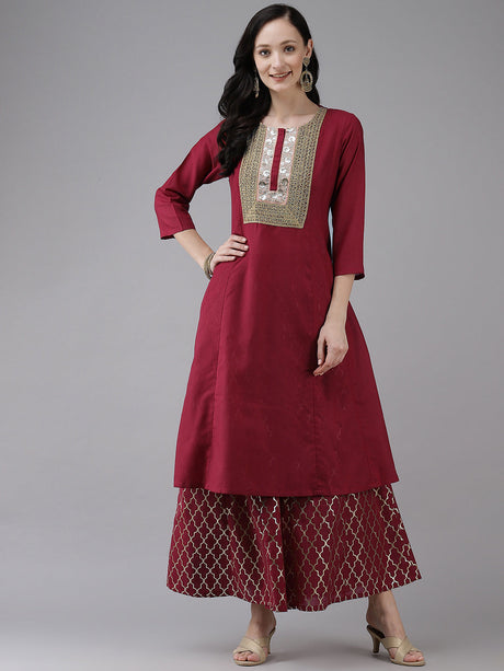 Maroon Solid Lace Work Kurta with Sharara | Ethniqndia - Made In INDIA.