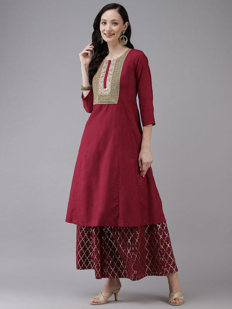 Maroon Solid Lace Work Kurta with Sharara | Ethniqndia - Made in INDIA.