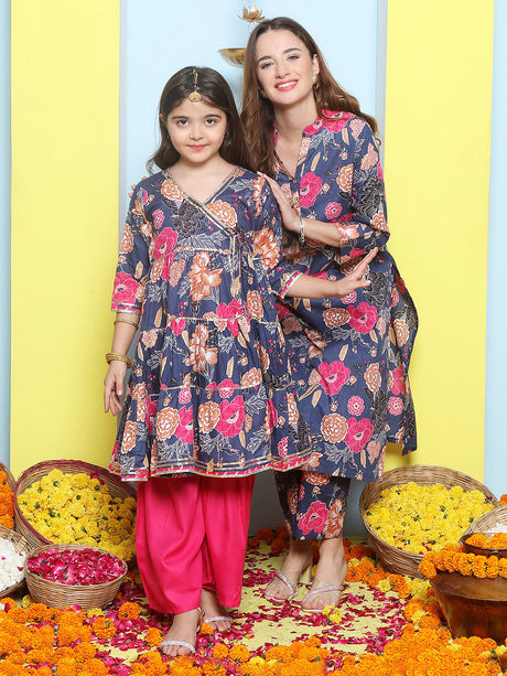 Blue Floral Cotton Printed A line Kurta Set For Women & Angrakha Kurta Sharara Set For Girls | Ethniqndia - Made In INDIA.