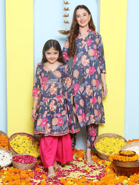 Blue Floral Cotton Printed A line Kurta Set For Women & Angrakha Kurta Sharara Set For Girls | Ethniqndia - Made in INDIA.