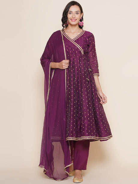 Purple Angrakha Style Kurta With Solid Palazzo & Dupatta | Ethniqndia - Made In INDIA.