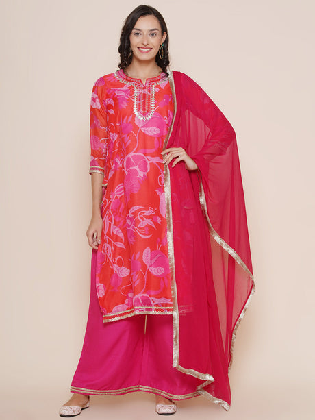 Red Neck Embroidered Floral Print Kurta with Pink Solid Palazzos with Dupatta | Ethniqndia - Made In INDIA.