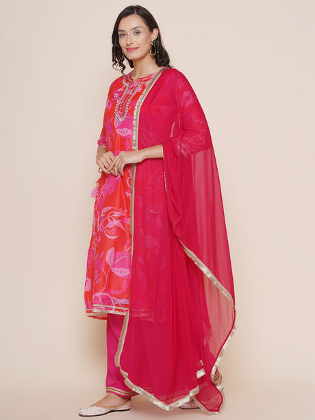 Red Neck Embroidered Floral Print Kurta with Pink Solid Palazzos with Dupatta | Ethniqndia - Made in INDIA.