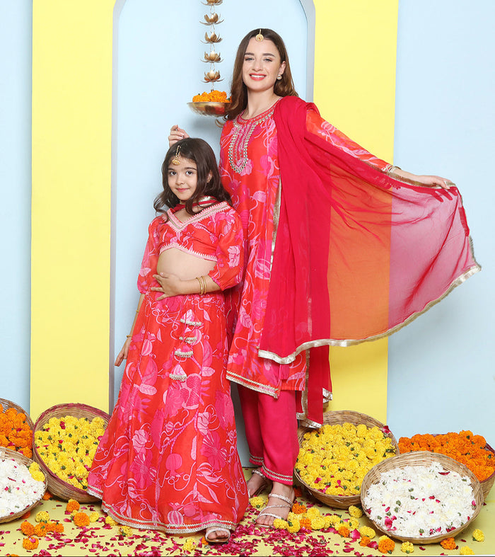 Pink Multi Printed A-Line Kurta Set For Women & Lehenga Choli Set For Girls | Ethniqndia - Made In INDIA.