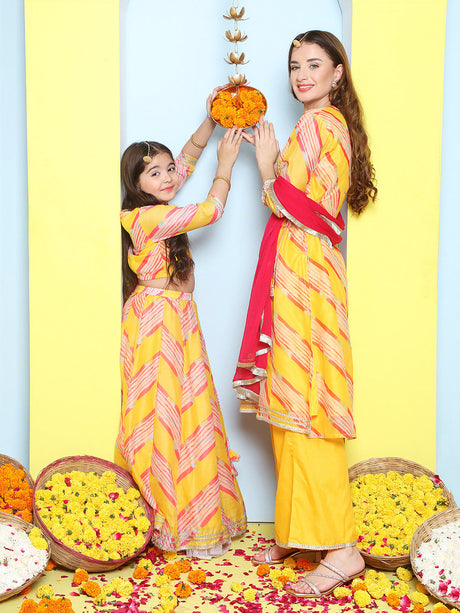 Yellow Leheriya Embroidered A-Line Kurta Set For Women & Lehenga Choli Set For Girl | Ethniqndia - Made In INDIA.