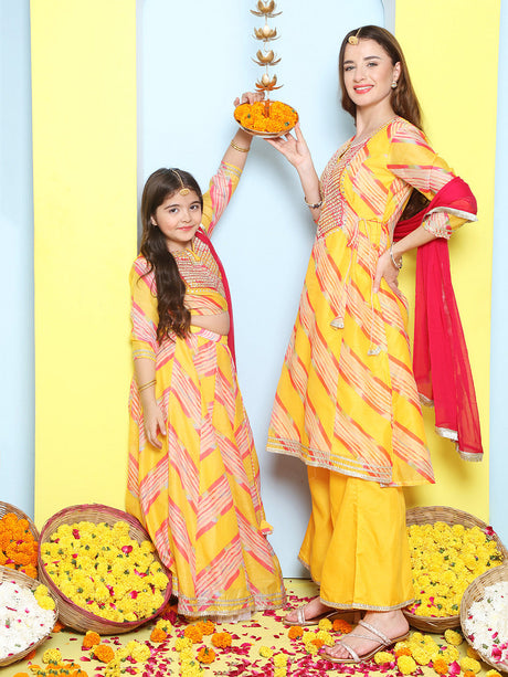 Yellow Leheriya Embroidered A-Line Kurta Set For Women & Lehenga Choli Set For Girl | Ethniqndia - Made in INDIA.