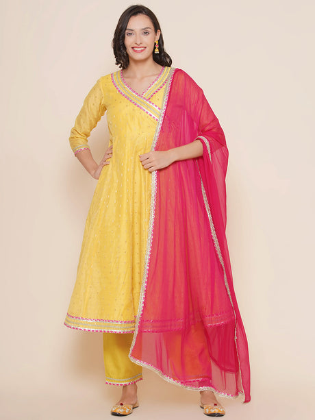 Yellow Self Booti Design Angrakha Style Kurta & Yellow Solid Plazzos With Dupatta | Ethniqndia - Made In INDIA.