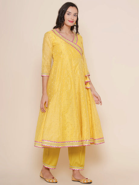 Yellow Self Booti Design Angrakha Style Kurta & Yellow Solid Plazzos With Dupatta | Ethniqndia - Made in INDIA.