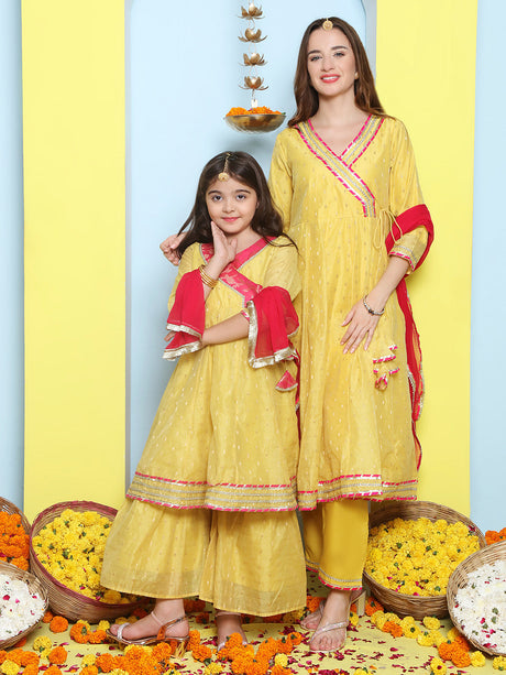 Yellow Modal Booti Angrakha Kurta set For Women & Angrakha Kurta Sharara Set For Girl | Ethniqndia - Made In INDIA.