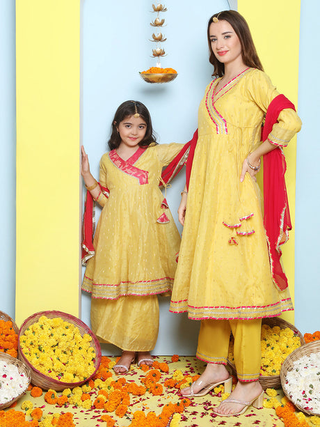 Yellow Modal Booti Angrakha Kurta set For Women & Angrakha Kurta Sharara Set For Girl | Ethniqndia - Made in INDIA.