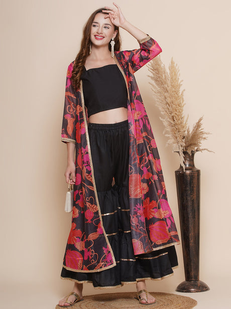 Black Floral printed Jacket, Camisole with Sharara | Ethniqndia - Made In INDIA.