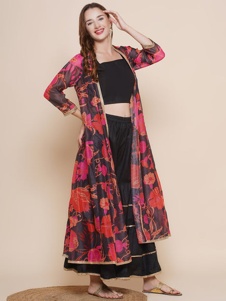 Black Floral printed Jacket, Camisole with Sharara | Ethniqndia - Made in INDIA.