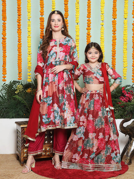 Maroon Multi color Printed Anarkali Kurta set For Women & Lehenga Choli set For Girl | Ethniqndia - Made In INDIA.