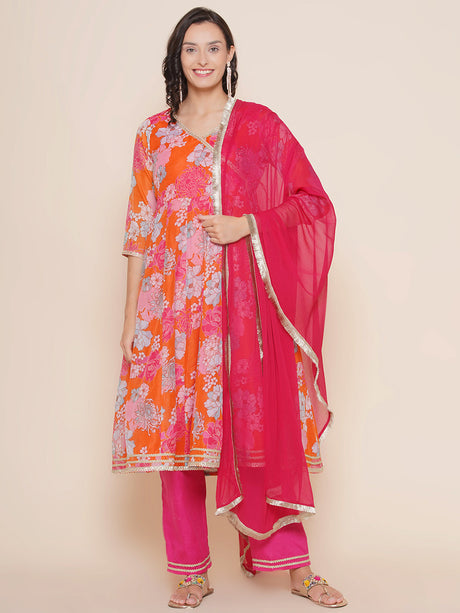 Orange Angrakha Style Kurta With Pink Solid Palazzo & Dupatta | Ethniqndia - Made In INDIA.