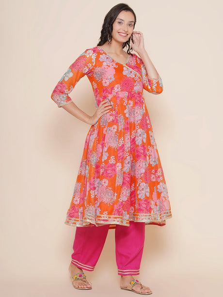 Orange Angrakha Style Kurta With Pink Solid Palazzo & Dupatta | Ethniqndia - Made in INDIA.