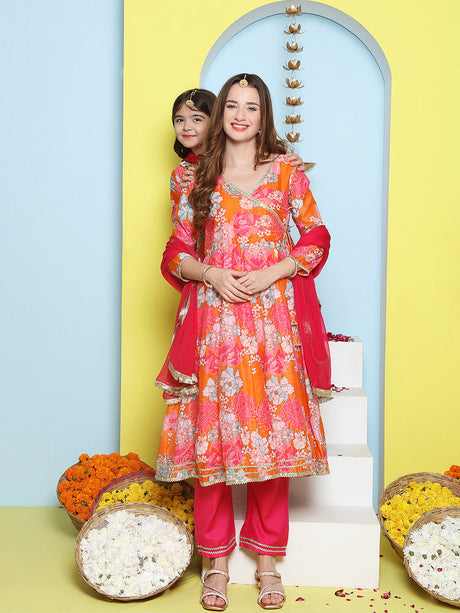 Orange Multi Printed Angrakha Kurta Set For Women & Angrakha Sharara Set For Girls | Ethniqndia - Made in INDIA.