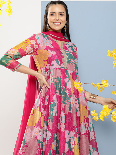 Pink Floral Print A- Line Kurta With Lace Detailing & Pink Solid Palazzo With Lace Detailing. | Ethniqndia - Made in INDIA.