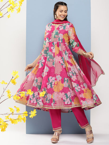 Pink Floral Print A- Line Kurta With Lace Detailing & Pink Solid Palazzo With Lace Detailing. | Ethniqndia - Made In INDIA.