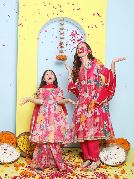 Pink Multi Printed Anarkali Kurta Set For Women & Angrakha Sharara Set For Girls | Ethniqndia - Made In INDIA.