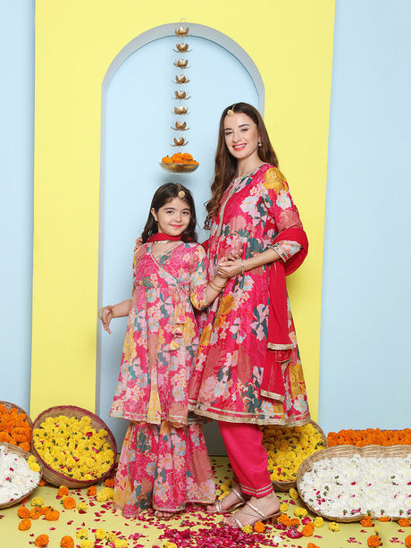 Pink Multi Printed Anarkali Kurta Set For Women & Angrakha Sharara Set For Girls | Ethniqndia - Made in INDIA.