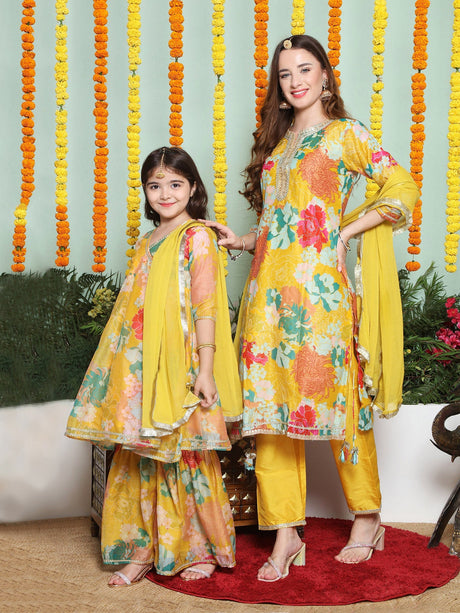 Yellow Multi Printed A- LINE Kurta Set For Women & Angrakha Anarkali Kurta Set For Girl | Ethniqndia - Made In INDIA.