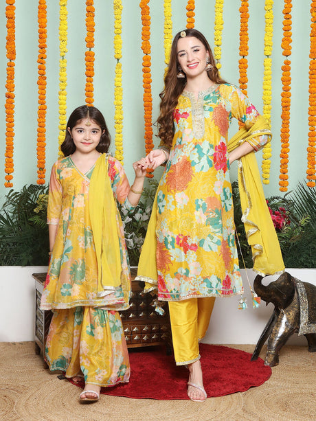 Yellow Multi Printed A- LINE Kurta Set For Women & Angrakha Anarkali Kurta Set For Girl | Ethniqndia - Made in INDIA.