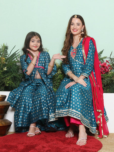 Blue Jacquard Booti Anarkali Kurta Set For Women & Sharara Kurta Set For Girl | Ethniqndia - Made In INDIA.