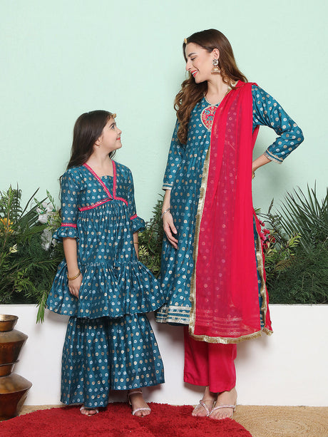 Blue Jacquard Booti Anarkali Kurta Set For Women & Sharara Kurta Set For Girl | Ethniqndia - Made in INDIA.