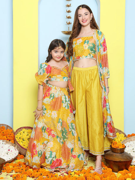 Yellow Multi Floral Printed Jacket with Cami - Sharara For Women & Lehenga Choli Set For Girl | Ethniqndia - Made in INDIA.