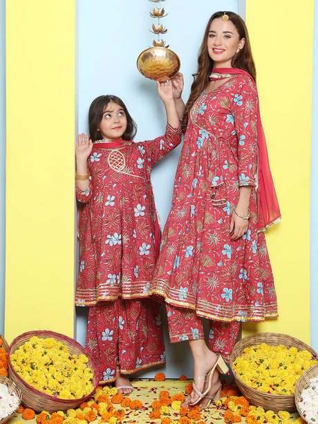 Pink Cotton Printed Anarkali set For Women & Anarkali Sharara Kurta Set For Girl | Ethniqndia - Made In INDIA.