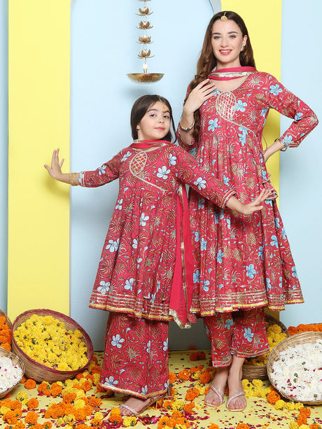 Pink Cotton Printed Anarkali set For Women & Anarkali Sharara Kurta Set For Girl | Ethniqndia - Made in INDIA.