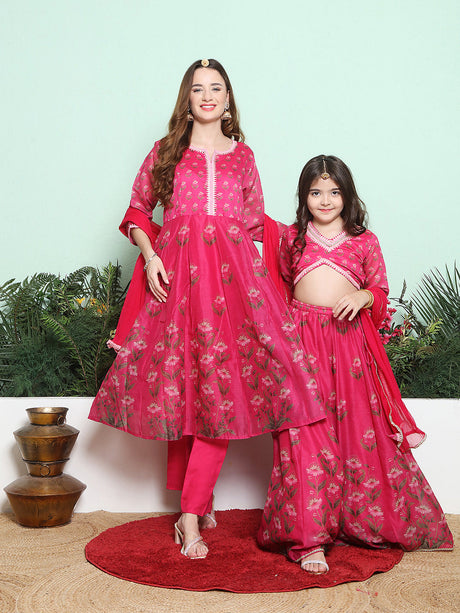 Pink Digital Printed Anarkali Kurta Set For Women & Lehenga Choli Set For Girl | Ethniqndia - Made In INDIA.