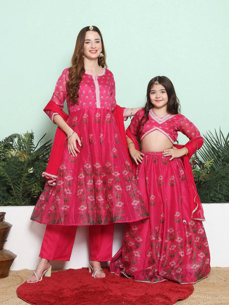 Pink Digital Printed Anarkali Kurta Set For Women & Lehenga Choli Set For Girl | Ethniqndia - Made in INDIA.