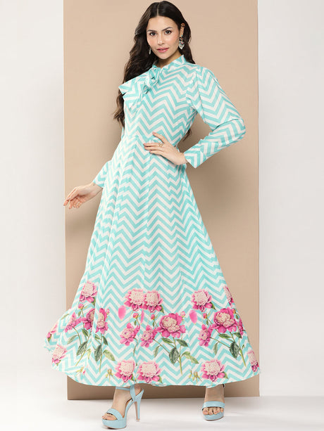 Turquoise Blue Printed Long Dress With Tie-Up Neck | Ethniqndia - Made in INDIA.