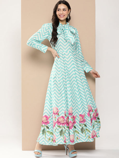 Turquoise Blue Printed Long Dress With Tie-Up Neck | Ethniqndia - Made In INDIA.