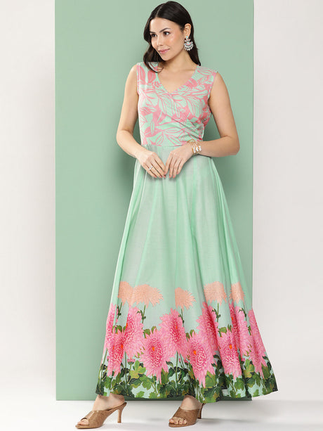 Turquoise Blue Printed Long Dress With V-Neck | Ethniqndia - Made In INDIA.