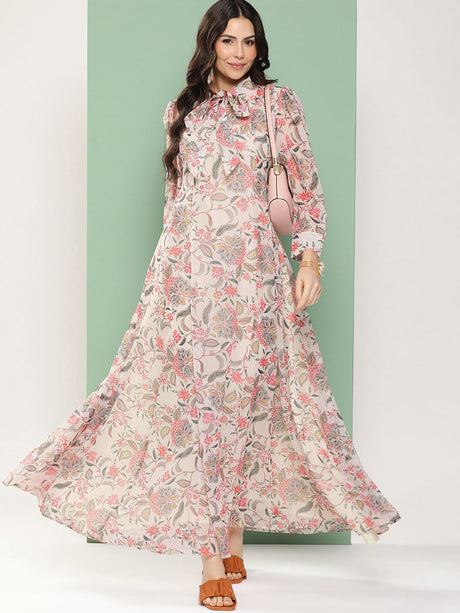 Off-White Printed Long Dress With Tie-Up Neck | Ethniqndia - Made In INDIA.