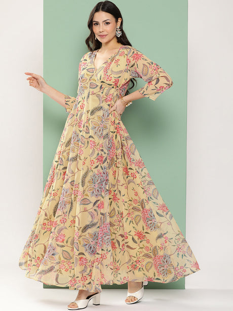 Yellow Printed Angrakha Long Dress With V-Neck | Ethniqndia - Made In INDIA.