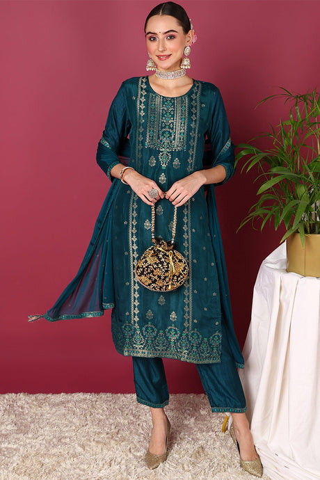 Teal Silk Blend Ethnic Motifs Woven Design Straight Suit Set | Ethniqndia - Made In INDIA.