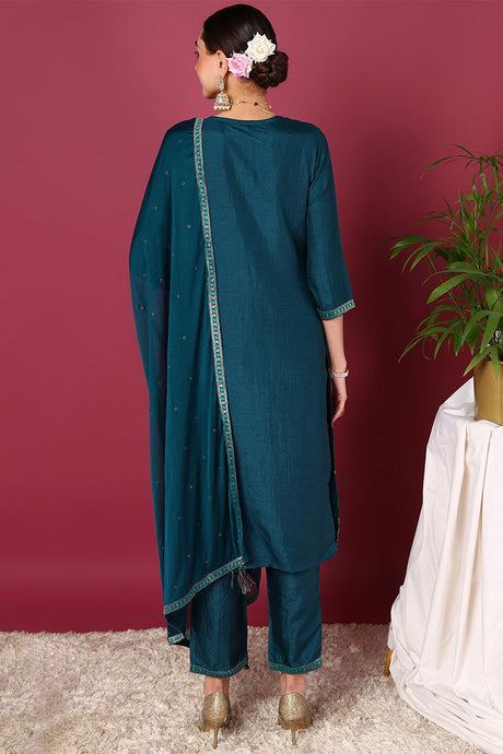 Women Teal Silk Blend Ethnic Motifs Woven Design Straight Suit Set | Ethniqndia - Made In INDIA.