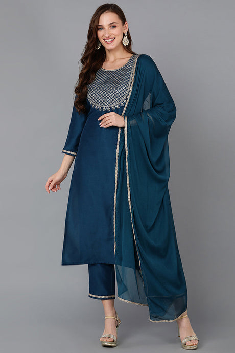 Silk Blend Teal Embroidered Straight Kurta Pant With Dupatta | Ethniqndia - Made In INDIA.