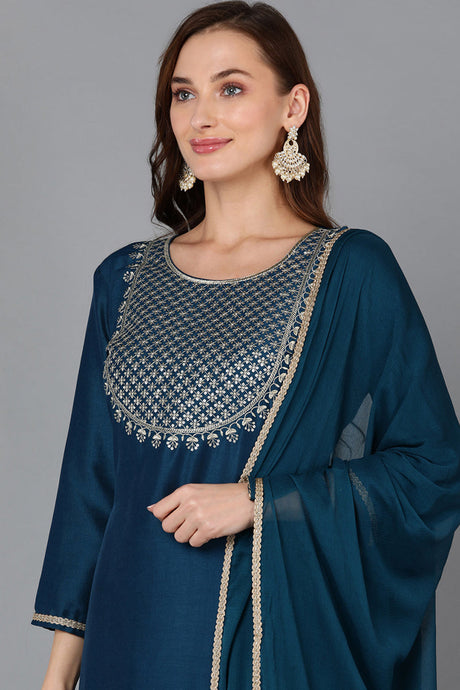 Women Silk Blend Teal Embroidered Straight Kurta Pant With Dupatta | Ethniqndia - Made In INDIA.