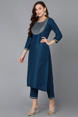 Women Silk Blend Teal Embroidered Straight Kurta Pant With Dupatta | Ethniqndia - Made In INDIA.