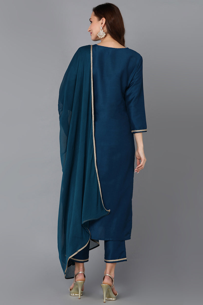 Women Silk Blend Teal Embroidered Straight Kurta Pant With Dupatta | Ethniqndia - Made In INDIA.