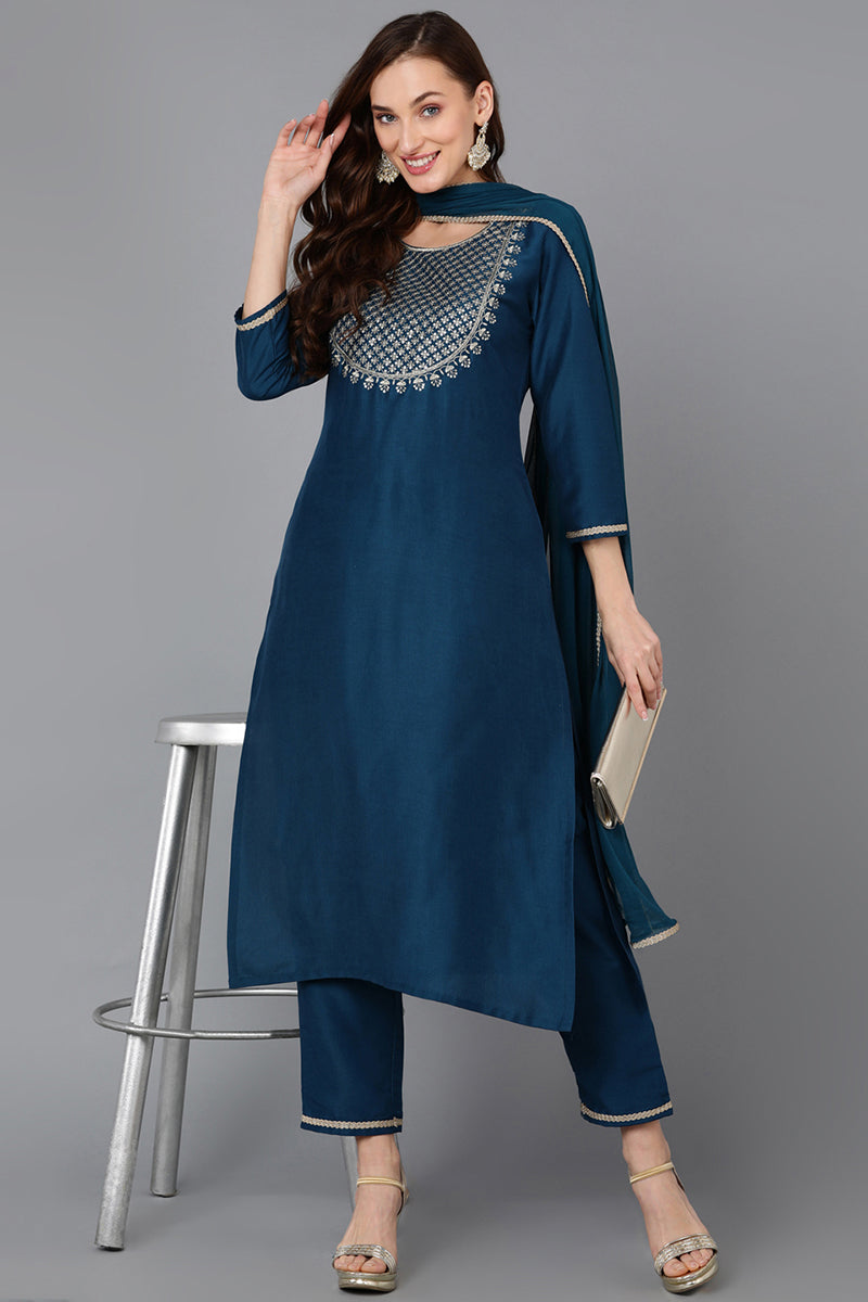 Women Silk Blend Teal Embroidered Straight Kurta Pant With Dupatta | Ethniqndia - Made In INDIA.