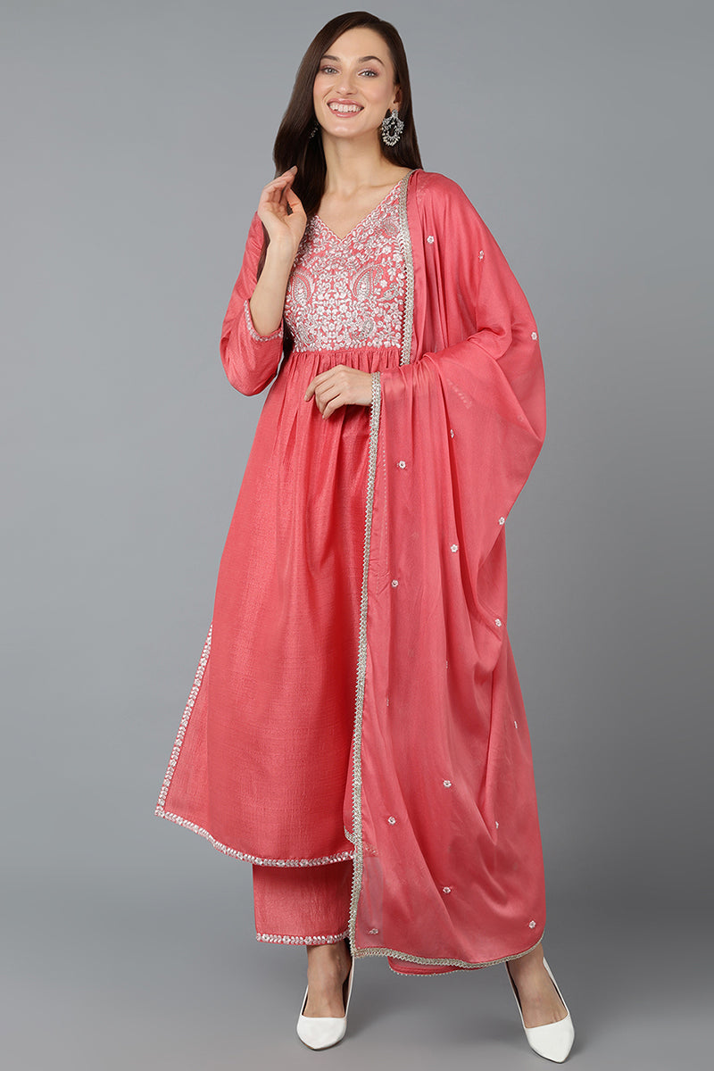 Silk Blend Blush Pink Straight Kurta Pant With Dupatta | Ethniqndia - Made In INDIA.