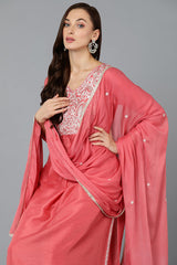 Women Silk Blend Blush Pink Straight Kurta Pant With Dupatta | Ethniqndia - Made In INDIA.